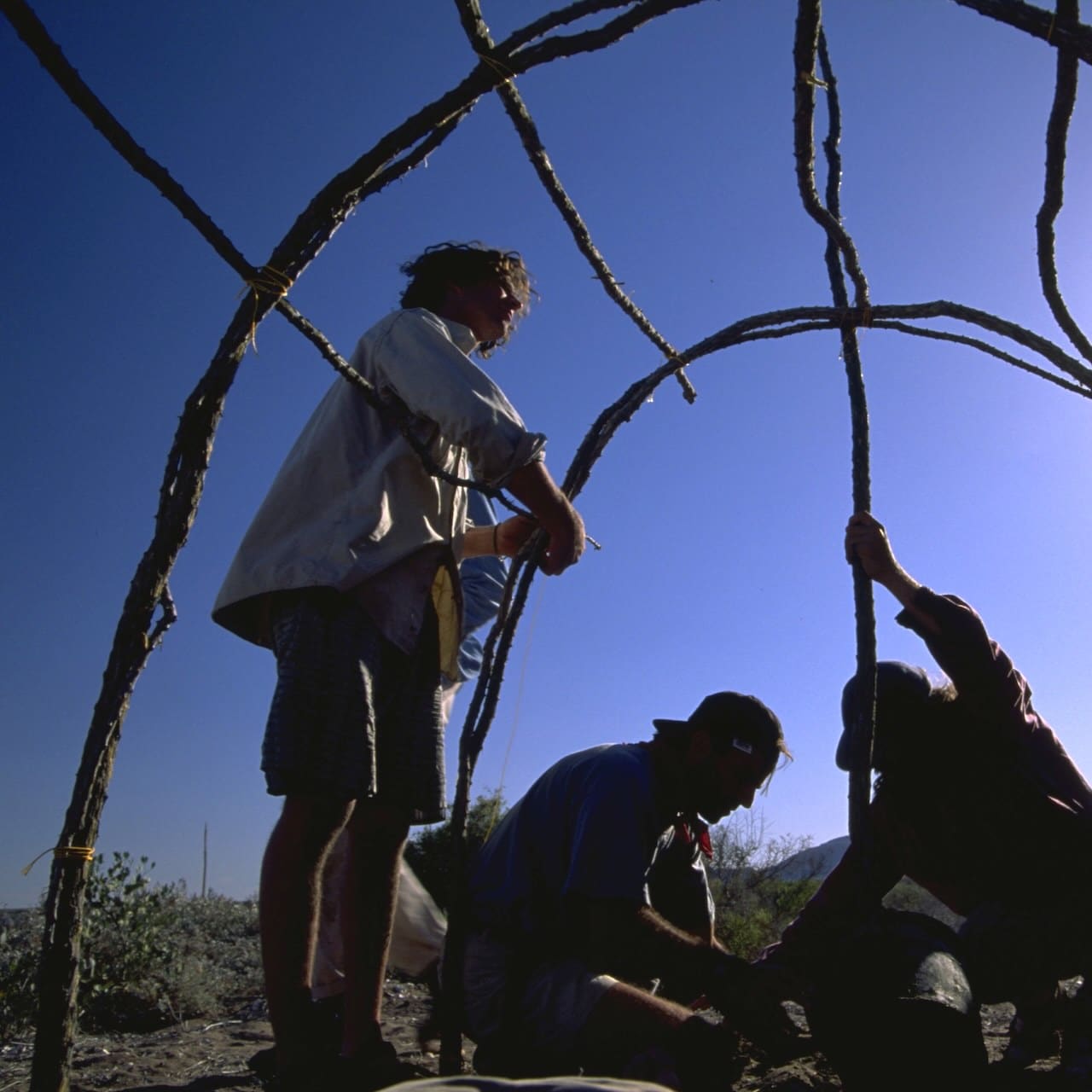 Survivalists build structure with sticks